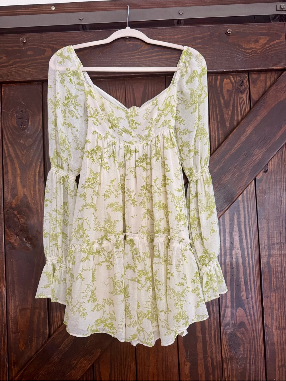 Urban Outfitters Women’s Cream Floral Peasant Dress - Light Green Print XS